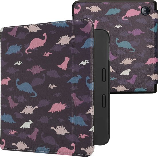 kwmobile e-reader hoesje geschikt voor Kobo Libra 2 hoes - E reader flip case met magnetische sluiting - Ereader cover - Bonte dinosauriërs design in paars / geel / blauw van Merkloos