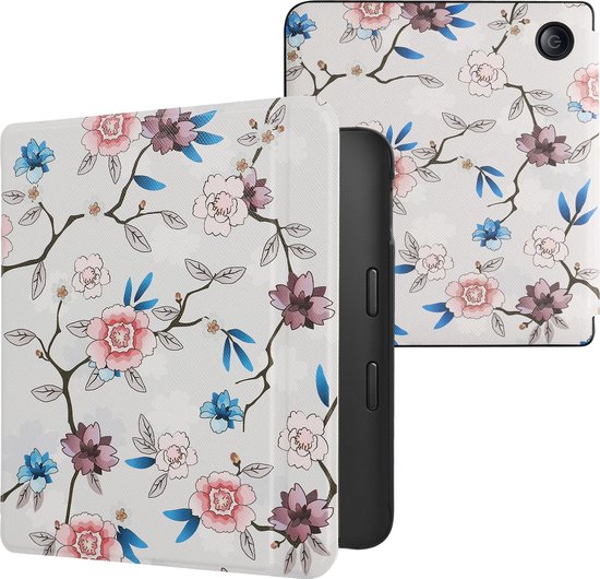 kwmobile e-reader hoesje geschikt voor Kobo Libra 2 hoes - E reader flip case met magnetische sluiting - Ereader cover - Elegante bloemen design in wit / poederroze / blauw van Merkloos