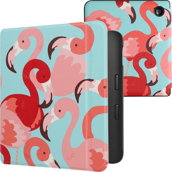 kwmobile e-reader hoesje geschikt voor Kobo Libra 2 hoes - E reader flip case met magnetische sluiting - Ereader cover - Flamingo's design in roze / poederroze / rood van Merkloos