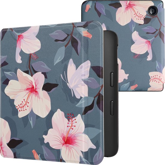 kwmobile e-reader hoesje geschikt voor Kobo Libra 2 hoes - E reader flip case met magnetische sluiting - Ereader cover - Fuchsia bloemen design in wit / poederroze / paars van Merkloos