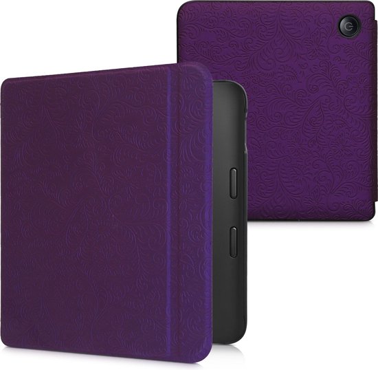 kwmobile e-reader hoesje geschikt voor Kobo Libra 2 hoes - E reader flip case met magnetische sluiting - Ereader cover - Gestanst bloemenpatroon design in paars van Merkloos