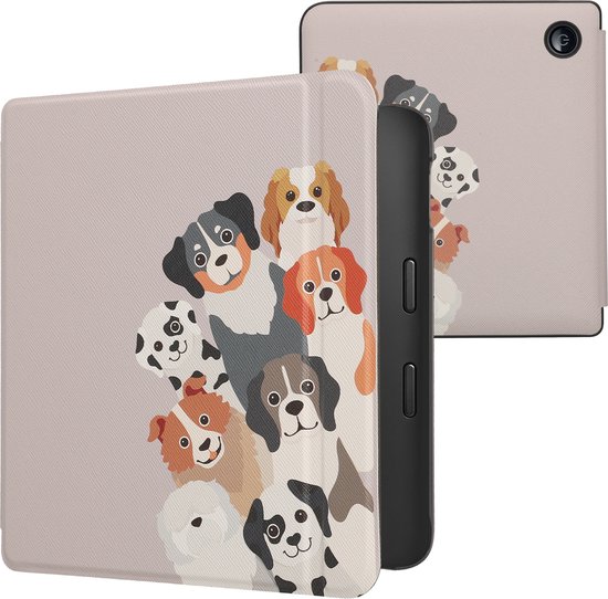 kwmobile e-reader hoesje geschikt voor Kobo Libra 2 hoes - E reader flip case met magnetische sluiting - Ereader cover - Grappige Honden design in bruin / wit / taupe van Merkloos