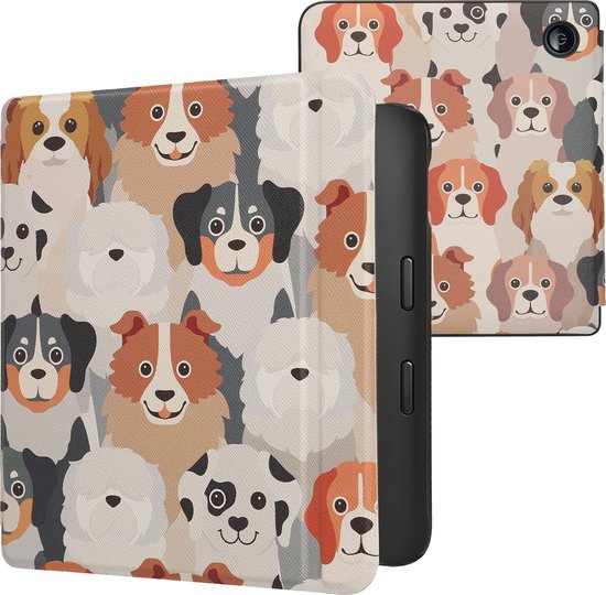kwmobile e-reader hoesje geschikt voor Kobo Libra 2 hoes - E reader flip case met magnetische sluiting - Ereader cover - Honden Ontwerp design in wit / lichtbruin / grijs van Merkloos