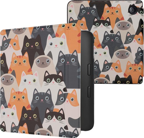 kwmobile e-reader hoesje geschikt voor Kobo Libra 2 hoes - E reader flip case met magnetische sluiting - Ereader cover - Katten design in oranje / zwart / wit van Merkloos