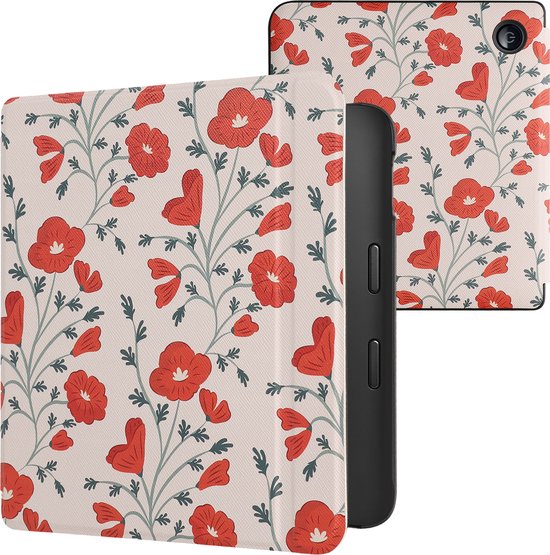 kwmobile e-reader hoesje geschikt voor Kobo Libra 2 hoes - E reader flip case met magnetische sluiting - Ereader cover - Klaprozen design in rood / groen / beige van Merkloos