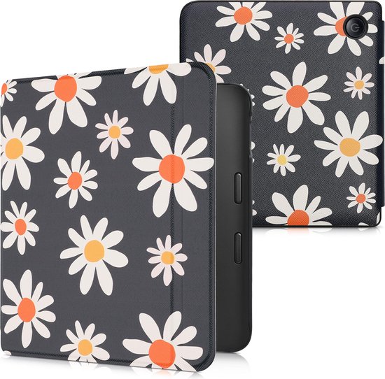 kwmobile e-reader hoesje geschikt voor Kobo Libra 2 hoes - E reader flip case met magnetische sluiting - Ereader cover - Madeliefjes design in blauw / wit / geel van Merkloos