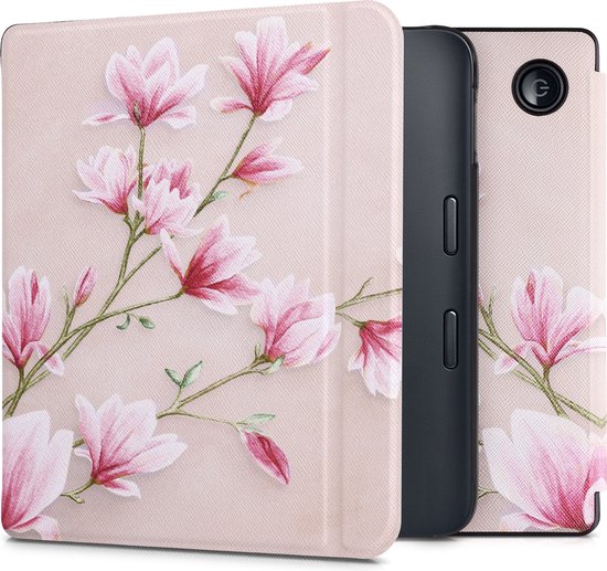 kwmobile e-reader hoesje geschikt voor Kobo Libra 2 hoes - E reader flip case met magnetische sluiting - Ereader cover - Magnolia design in poederroze / wit / oudroze van Merkloos