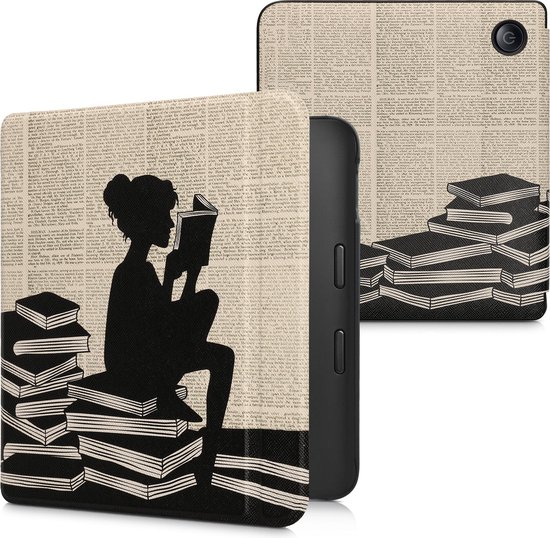 kwmobile e-reader hoesje geschikt voor Kobo Libra 2 hoes - E reader flip case met magnetische sluiting - Ereader cover - Meisje met boeken design in zwart / beige van Merkloos