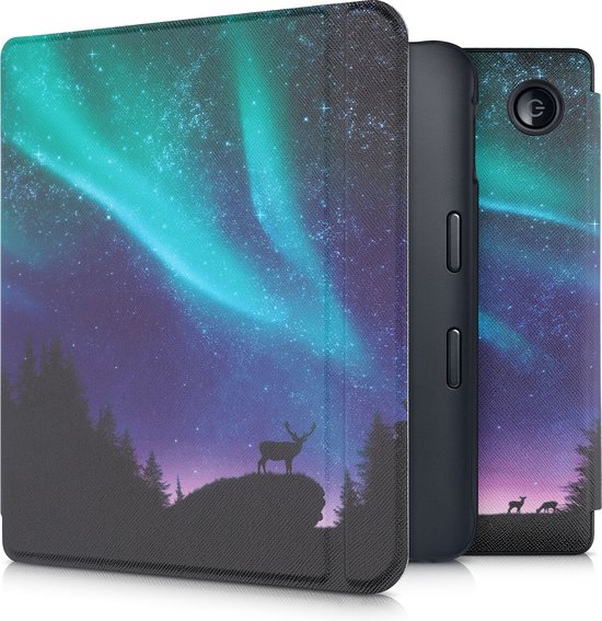 kwmobile e-reader hoesje geschikt voor Kobo Libra 2 hoes - E reader flip case met magnetische sluiting - Ereader cover - Noorderlicht Hert design in turquoise / blauw / zwart van kwmobile