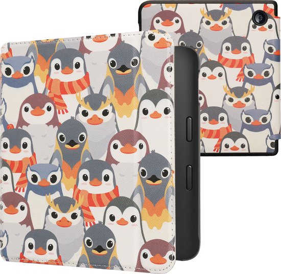 kwmobile e-reader hoesje geschikt voor Kobo Libra 2 hoes - E reader flip case met magnetische sluiting - Ereader cover - Pinguïn Ontwerp design in grijs / geel / bruin van Merkloos