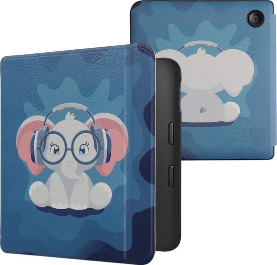 kwmobile e-reader hoesje geschikt voor Kobo Libra 2 hoes - E reader flip case met magnetische sluiting - Ereader cover - Schattige olifant design in lichtblauw / donkerblauw / grijs van kwmobile