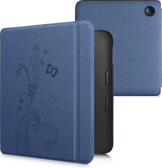kwmobile e-reader hoesje geschikt voor Kobo Libra 2 hoes - E reader flip case met magnetische sluiting - Ereader cover - Stengels en Vlinder design in donkerblauw van Merkloos