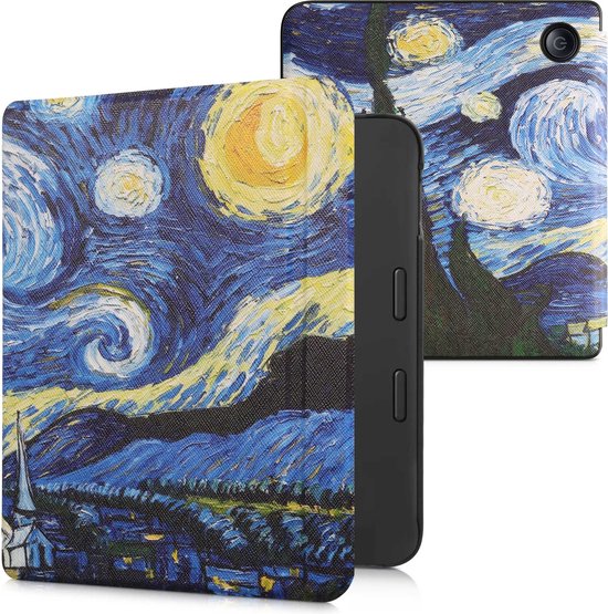 kwmobile e-reader hoesje geschikt voor Kobo Libra 2 hoes - E reader flip case met magnetische sluiting - Ereader cover - Sterrennacht design in blauw / geel van Merkloos