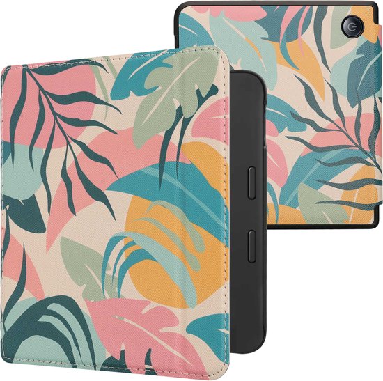 kwmobile e-reader hoesje geschikt voor Kobo Libra 2 hoes - E reader flip case met magnetische sluiting - Ereader cover - Tropische jungle design in poederroze / geel / groen van Merkloos