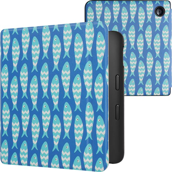 kwmobile e-reader hoesje geschikt voor Kobo Libra 2 hoes - E reader flip case met magnetische sluiting - Ereader cover - Visjespatroon design in blauw / lichtblauw / wit van Merkloos