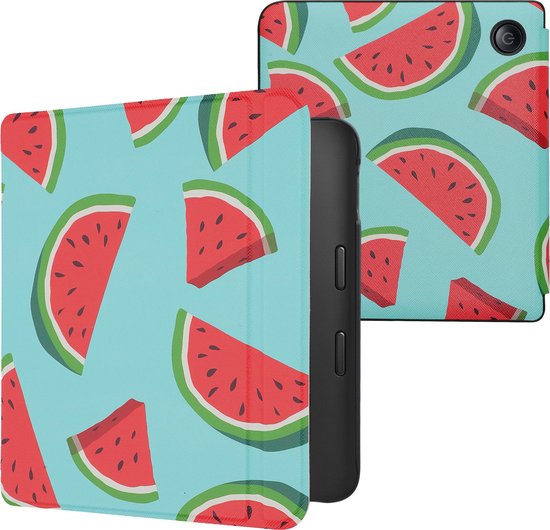 kwmobile e-reader hoesje geschikt voor Kobo Libra 2 hoes - E reader flip case met magnetische sluiting - Ereader cover - Watermeloen design in rood / groen / zwart van Merkloos