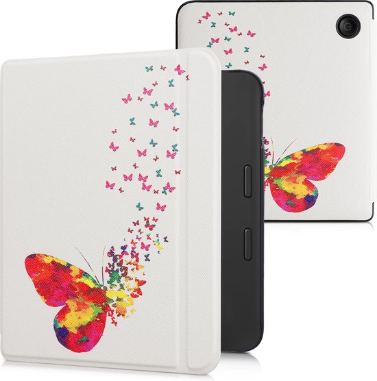 kwmobile e-reader hoesje geschikt voor Kobo Libra 2 hoes - E reader flip case met magnetische sluiting - Ereader cover - Zwerm Vlinders design in meerkleurig / roze / wit van kwmobile