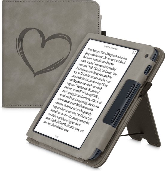 kwmobile e-reader hoesje geschikt voor Kobo Libra 2 hoes - E reader flip case van kunstleer - Ereader cover met stand - Brushed Hart design in grijs van kwmobile