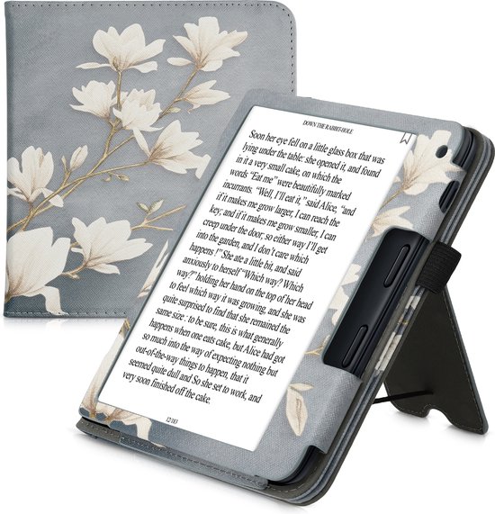 kwmobile e-reader hoesje geschikt voor Kobo Libra 2 hoes - E reader flip case van kunstleer - Ereader cover met stand - Magnolia design in taupe / wit / blauwgrijs van Merkloos