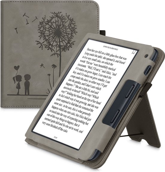 kwmobile e-reader hoesje geschikt voor Kobo Libra 2 hoes - E reader flip case van kunstleer - Ereader cover met stand - Paardenbloemen Liefde design in grijs van kwmobile