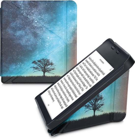 kwmobile e-reader hoesje geschikt voor Kobo Libra 2 hoes - Ereader flip case met standaard - E reader cover van kunstleer - In blauw / grijs / zwart van Merkloos