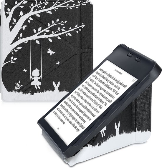 kwmobile e-reader hoesje geschikt voor Kobo Libra 2 hoes - Ereader flip case met standaard - E reader cover van kunstleer - In wit / zwart van Merkloos