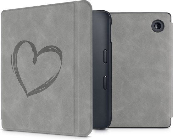 kwmobile e-reader hoesje geschikt voor Kobo Libra 2 hoes - Ereader flip case met standaard - Kunstleren e reader cover - Brushed Hart design in grijs van Merkloos