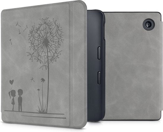 kwmobile e-reader hoesje geschikt voor Kobo Libra 2 hoes - Ereader flip case met standaard - Kunstleren e reader cover - Paardenbloemen Liefde design in grijs van Merkloos