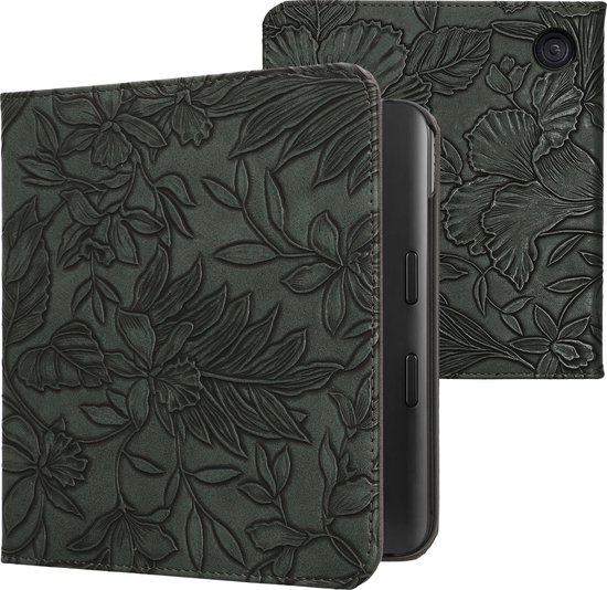 kwmobile e-reader hoesje geschikt voor Kobo Libra Colour hoes - E reader flip case met magneetsluiting - Ereader cover - Bloemen in reliëf design in groen van Merkloos