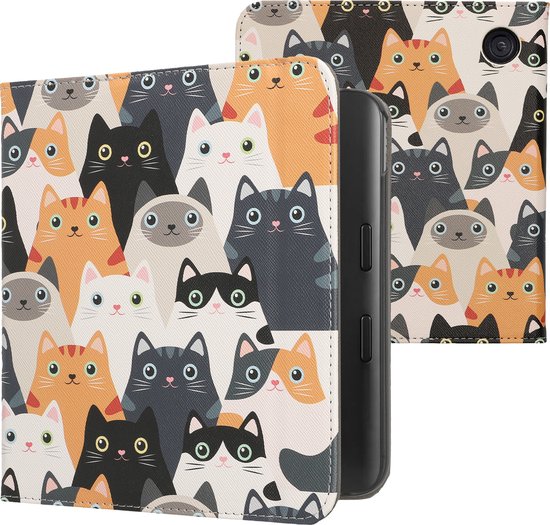 kwmobile e-reader hoesje geschikt voor Kobo Libra Colour hoes - E reader flip case met magneetsluiting - Ereader cover - Katten design in oranje / zwart / wit van Merkloos