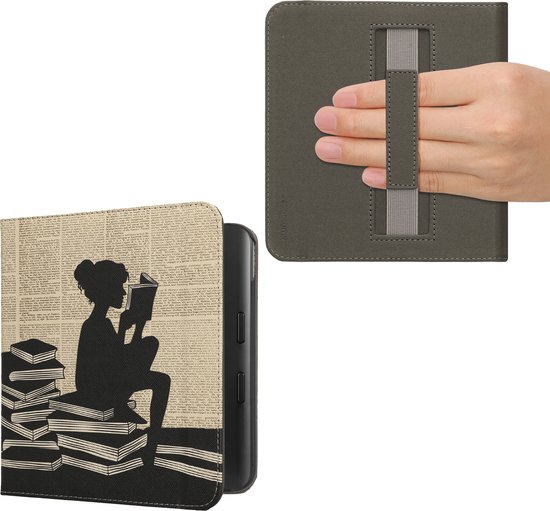 kwmobile e-reader hoesje geschikt voor Kobo Libra Colour hoes - E reader flip case met magneetsluiting - Ereader cover - Meisje met boeken design in zwart / beige van Merkloos