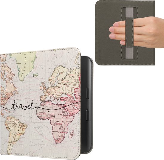 kwmobile e-reader hoesje geschikt voor Kobo Libra Colour hoes - E reader flip case met magneetsluiting - Ereader cover - Travel Wereldkaart design in zwart / meerkleurig van Merkloos
