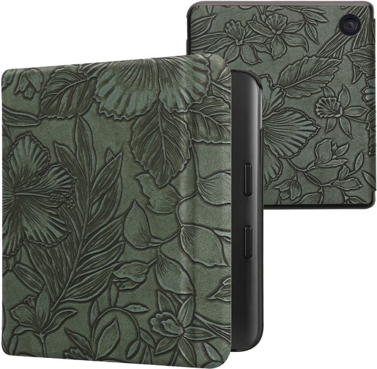 kwmobile e-reader hoesje geschikt voor Kobo Libra Colour hoes - E reader flip case met magnetische sluiting - Ereader cover - Bloemen in reliëf design in groen van Merkloos