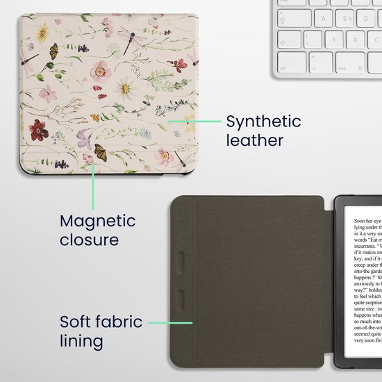 kwmobile e-reader hoesje geschikt voor Kobo Libra Colour hoes - E reader flip case met magnetische sluiting - Ereader cover - Daisy-varens design in wit / geel / groen