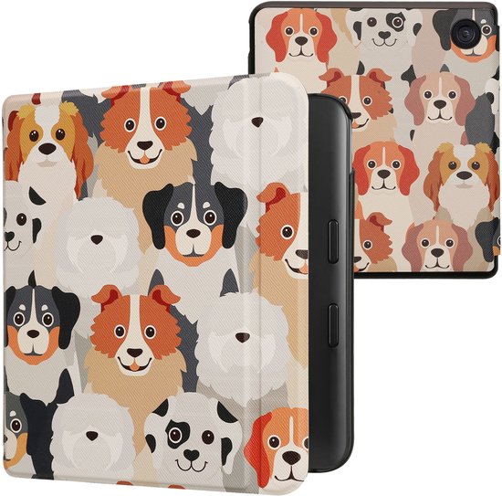 kwmobile e-reader hoesje geschikt voor Kobo Libra Colour hoes - E reader flip case met magnetische sluiting - Ereader cover - Honden Ontwerp design in wit / lichtbruin / grijs van Merkloos