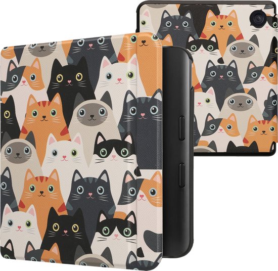 kwmobile e-reader hoesje geschikt voor Kobo Libra Colour hoes - E reader flip case met magnetische sluiting - Ereader cover - Katten design in oranje / zwart / wit van Merkloos
