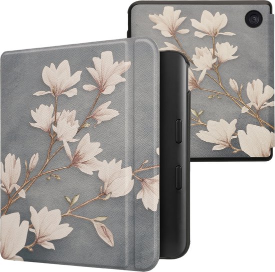 kwmobile e-reader hoesje geschikt voor Kobo Libra Colour hoes - E reader flip case met magnetische sluiting - Ereader cover - Magnolia design in taupe / wit / blauwgrijs van Merkloos