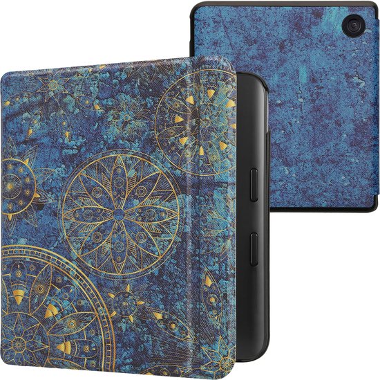 kwmobile e-reader hoesje geschikt voor Kobo Libra Colour hoes - E reader flip case met magnetische sluiting - Ereader cover - Mandala design in geel / donkerblauw van Merkloos