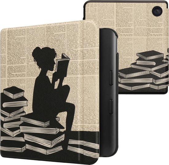 kwmobile e-reader hoesje geschikt voor Kobo Libra Colour hoes - E reader flip case met magnetische sluiting - Ereader cover - Meisje met boeken design in zwart / beige van Merkloos