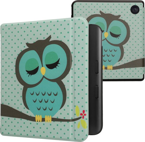 kwmobile e-reader hoesje geschikt voor Kobo Libra Colour hoes - E reader flip case met magnetische sluiting - Ereader cover - Slapende Uil design in turquoise / bruin / mintgroen van Merkloos