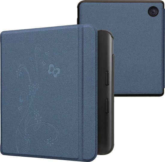 kwmobile e-reader hoesje geschikt voor Kobo Libra Colour hoes - E reader flip case met magnetische sluiting - Ereader cover - Stengels en Vlinder design in donkerblauw