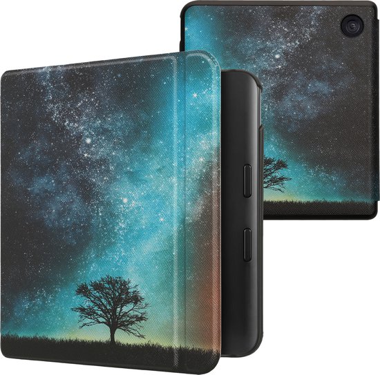 kwmobile e-reader hoesje geschikt voor Kobo Libra Colour hoes - E reader flip case met magnetische sluiting - Ereader cover - Sterrenstelsel en Boom design in blauw / grijs / zwart van Merkloos