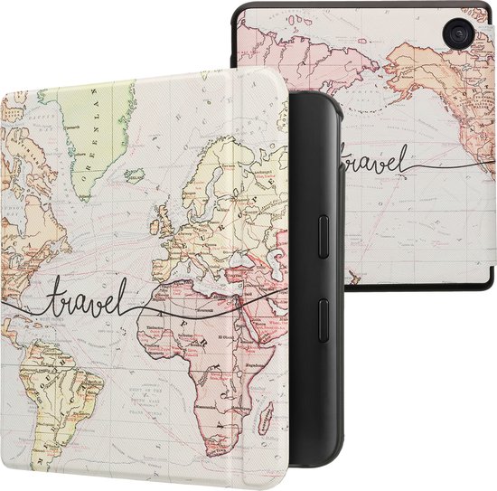 kwmobile e-reader hoesje geschikt voor Kobo Libra Colour hoes - E reader flip case met magnetische sluiting - Ereader cover - Travel Wereldkaart design in zwart / meerkleurig van Merkloos