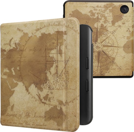 kwmobile e-reader hoesje geschikt voor Kobo Libra Colour hoes - E reader flip case met magnetische sluiting - Ereader cover - Vintage Travel design in bruin / lichtbruin van Merkloos