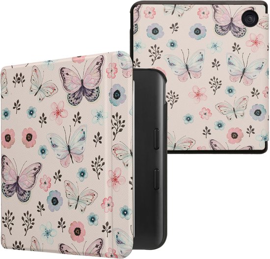 kwmobile e-reader hoesje geschikt voor Kobo Libra Colour hoes - E reader flip case met magnetische sluiting - Ereader cover - Vlinderanemoon design in wit / licht oudroze / vintage groen