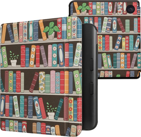 kwmobile e-reader hoesje geschikt voor Kobo Libra Colour hoes - E reader flip case met magnetische sluiting - Ereader cover - Zomerse bibliotheek design in blauw / groen / roze van Merkloos
