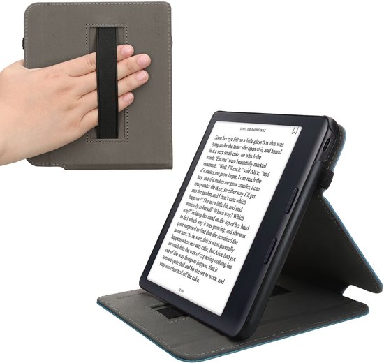 kwmobile e-reader hoesje geschikt voor Kobo Libra Colour hoes - E reader flip case van kunstleer - Ereader cover met handgrip en stand - In petrol van Merkloos