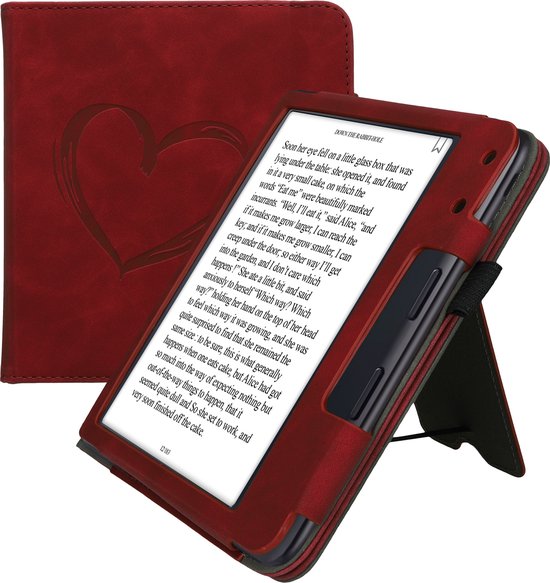 kwmobile e-reader hoesje geschikt voor Kobo Libra Colour hoes - E reader flip case van kunstleer - Ereader cover met stand - Brushed Hart design in donkerrood van Merkloos