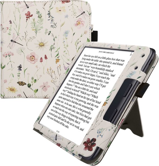 kwmobile e-reader hoesje geschikt voor Kobo Libra Colour hoes - E reader flip case van kunstleer - Ereader cover met stand - Daisy-varens design in wit / geel / groen