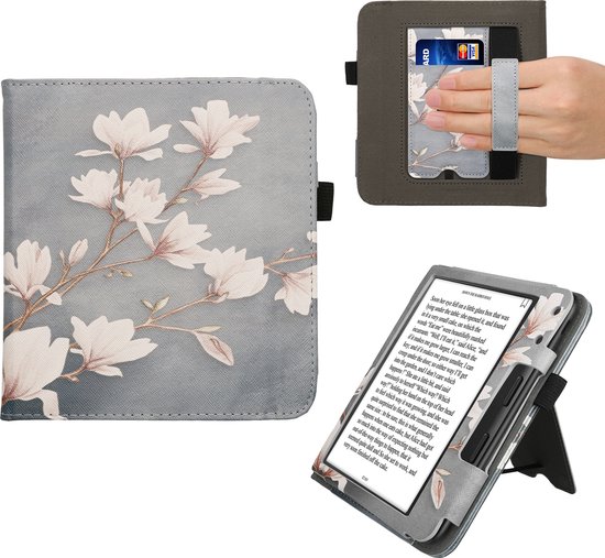 kwmobile e-reader hoesje geschikt voor Kobo Libra Colour hoes - E reader flip case van kunstleer - Ereader cover met stand - Magnolia design in taupe / wit / blauwgrijs van Merkloos